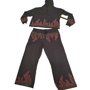Kreamy Black Rhinestone Flame Cropped Hoodie and Sweatpants Set 2X NEW